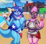 2026 absurd_res accesory accessory afc alcohol anthro beach beverage big_breasts bikini black_body black_fur blue_body blue_eyes blue_eyeshadow blue_hair breast_squish breasts breasts_together building chile chilean_flag chilean_flag_bikini chilean_flag_clothing city clothing colored_nails duo eeveelution eyebrows eyelashes eyeshadow fangs female female/female fiestas_patrias_(chile) fur generation_1_pokemon generation_3_pokemon generation_5_pokemon hair hair_accessory hi_res holding_beverage holding_object huge_breasts lipstick long_hair looking_at_viewer luvdisc makeup mintyspirit multicolored_body multicolored_fur nails neck_tuft nintendo one_eye_closed open_mouth panties piercing pink_body pink_eyeshadow pink_fur pink_hair pink_lipstick pokemon pokemon_(species) purple_sclera red_clothing red_panties red_underwear smile squish swimwear teeth terremoto thick_thighs tiffany_vaporeon_(mintyspirit) tuft two-piece_swimsuit underwear vaporeon white_eyes wide_hips wink winking_at_viewer zabrina_(afc) zorua