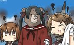  animalization bear black_hair blazer blue_sky brown_eyes brown_hair cloud commentary dated day dirty_clothes flying_sweatdrops gloves hair_ribbon hamu_koutarou headgear highres jacket kantai_collection long_hair mikuma_(kantai_collection) multiple_girls mutsu_(kantai_collection) neckerchief necktie ribbon school_uniform serafuku short_hair sky smoke towel twintails wakaba_(kantai_collection) white_gloves 