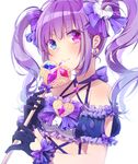  asagao_minoru black_gloves blue_eyes blush bow bra breasts collarbone earrings frilled_bra frills gloves hair_bow heart heart_cutout heart_earrings heterochromia holding holding_staff jewelry long_hair looking_at_viewer medium_breasts original pink_eyes purple_hair purple_ribbon ribbon shiny shiny_skin simple_background smile solo sparkle staff twintails underwear underwear_only upper_body white_background wrist_bow 