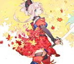  autumn_leaves detached_sleeves dissolving_clothes dual_wielding fate/grand_order fate_(series) holding katana miyamoto_musashi_(fate/grand_order) namie-kun one_eye_closed ribbon smile sword weapon 