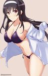  :&lt; bangs banned_artist bare_shoulders bikini black_hair blush breasts brown_background cleavage closed_mouth collarbone commentary_request cowboy_shot expressionless eyebrows_visible_through_hair hairband kasumigaoka_utaha large_breasts leaning_forward long_hair looking_at_viewer multi-strapped_bikini navel off_shoulder open_clothes open_shirt purple_bikini red_eyes saenai_heroine_no_sodatekata shiny shiny_skin shirt side-tie_bikini sidelocks simple_background sleeves_past_wrists solo standing standing_on_one_leg stomach swimsuit tareme tasora thighs white_hairband 