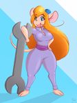  2017 3_toes anthro blue_eyes buckteeth chip_&#039;n_dale_rescue_rangers clothed clothing disney eyewear female fully_clothed fyxe_(artist) gadget_hackwrench goggles hair long_hair mammal mouse open_mouth orange_hair pink_nose rodent solo teeth toes tools wrench 