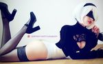  1girl ass breasts cleavage cosplay hair_ornament high_heels lipstick looking_at_viewer lying makeup nier_automata one-piece_thong open_mouth short_hair solo stockings thong white_hair yorha_no._2_type_b yuzu_pyon 