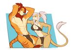  2016 abs anthro black_nose black_sclera blue_eyes braided_hair breasts bulge clothed clothing duo feline female fur hair hybrid koji_sourfang liger lion loincloth long_hair male mammal muscular muscular_male orange_eyes orange_fur ponytail red_fur red_hair samanya_mohatu simple_background smile spearfrost stripes teeth tiger white_hair yellow_fur 