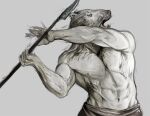 2014 5_fingers abs adobe_photoshop_(artwork) alchemy_(artwork) animal_head animal_humanoid anthro athletic athletic_anthro athletic_male bear biceps bottomwear clothed clothed_anthro clothed_male clothing deriaz digital_drawing_(artwork) digital_media_(artwork) fingers for_a_head furrowed_eyebrows half-length_portrait head_turned holding_melee_weapon holding_object holding_polearm holding_spear holding_weapon humanoid latissimus_dorsi looking_aside male male_humanoid mammal mammal_humanoid melee_weapon monochrome navel nipples open_mouth polearm portrait side_view snout solo spear topless topless_anthro topless_male ursid_humanoid weapon