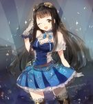  ;d black_hair black_legwear blush breasts brown_eyes cleavage gloves goggles goggles_on_head granblue_fantasy jessica_(granblue_fantasy) long_hair looking_at_viewer medium_breasts one_eye_closed open_mouth signature smile solo thighhighs twintail_kyun_(lian) twitter_username white_gloves 