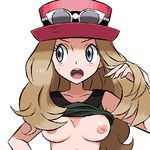  bare_shoulders blonde_hair blush breasts breasts_apart gomatarou_(pixiv196136) grey_eyes hat long_hair looking_to_the_side lowres medium_breasts nipples no_bra open_mouth pokemon pokemon_(game) pokemon_xy serena_(pokemon) shirt_lift simple_background solo sun_hat sunglasses sweatdrop upper_body white_background 