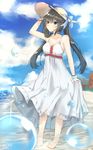  artist_name bare_shoulders barefoot black_hair blue_eyes blush breasts cleavage dress eyebrows_visible_through_hair hat highres kurigura_(sketch_san) large_breasts long_hair looking_away original smile solo sun_hat sundress twintails wading water water_drop 