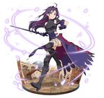  ahoge black_footwear black_legwear boots breastplate fingerless_gloves floating_hair full_body gloves hairband high_heel_boots high_heels holding holding_sword holding_weapon knee_boots long_hair looking_at_viewer official_art pointy_ears purple_gloves purple_hair purple_hairband red_eyes shoulder_armor simple_background smile solo spaulders sword sword_art_online sword_art_online:_code_register thighhighs very_long_hair weapon white_background yuuki_(sao) 