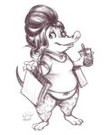  2017 anthro bag beverage clothed clothing digital_media_(artwork) disney female fru_fru hair jewelry navel navel_piercing oddwilds overweight piercing shrew simple_background sketch smile solo zootopia 