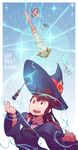  brown_eyes brown_hair hands_up hat highres hood hood_down hooded_robe james_choo kagari_atsuko little_witch_academia long_hair open_mouth ponytail red_eyes robe shiny_rod smile upper_body upper_teeth witch witch_hat 