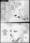  anthro black_and_white canine clothed clothing comic cynthia_walker dialogue disney english_text fox jack_savage jewelry lagomorph mammal monochrome necklace rabbit rem289 speech_bubble text zootopia 