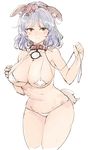  animal_ears bdsm bikini blush breasts closed_mouth collar commentary_request covered_nipples cowboy_shot cropped_legs dog_collar dog_ears dog_tail eyebrows_visible_through_hair hair_ornament holding kemonomimi_mode large_breasts leaf_hair_ornament leash legs_together looking_at_viewer micro_bikini mirror navel pubic_hair purple_hair red_collar red_eyes rope short_hair simple_background solo standing swimsuit tail touhou wataichi_meko white_background white_bikini yasaka_kanako 