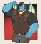 absurd_res anthro barazoku beard belt belt_buckle biceps big_muscles big_pecs black_belt black_clothing black_shirt black_topwear blue_body blue_bottomwear blue_clothing blue_jeans blue_pants blue_scales border bottomwear brown_beard brown_border brown_chaps brown_clothing brown_facial_hair brown_hair brown_hat brown_headwear brown_sideburns brown_topwear brown_vest buckle bulge chaps clothing cowboy cowboy_hat cowboy_outfit denim denim_bottomwear denim_clothing dragon facial_hair flirting flirting_look flirting_with_viewer gol1ath grin grinning_at_viewer hair hand_on_belt hat headgear headwear hi_res horn jeans kerchief looking_at_viewer male manly muscular muscular_anthro muscular_arms muscular_male muscular_thighs mythological_creature mythological_scalie mythology old_west outlaw pants pecs pose raised_arm red_background red_clothing red_kerchief rolled_up_sleeves scales scalie shirt sideburns simple_background smile smiling_at_viewer solo standing thick_arms thick_thighs tipping_hat topwear tough_guy vest wild_west wings yellow_body yellow_scales