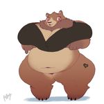  anthro bear belly big_belly big_breasts bottomless breasts brown_fur cleavage clothed clothing eyelashes female fur huge_breasts hyper hyper_breasts mammal overweight overweight_female pink_eyes razy simple_background smile solo tattoo thick_thighs white_background wide_hips 石村怜治 