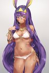  alternate_costume animal_ears bikini blush bracelet breasts bunny_ears cleavage cowboy_shot dark_skin earrings egyptian embarrassed eyebrows_visible_through_hair facial_mark fake_animal_ears fate/grand_order fate_(series) groin halter_top halterneck highres jewelry long_hair looking_at_viewer medium_breasts navel nitocris_(fate/grand_order) purple_eyes purple_hair solo sweat swimsuit thighs wavy_mouth white_bikini yakitomeito 