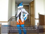  anthro black_fur blue_fur blush boxers_(clothing) brown_eyes bulge canine cercat clothed clothing dog embarrassed english_text fur hand_on_hip invalid_tag male mammal necktie open_shirt solo standing text underwear white_fur 