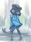  anthro black_nose brown_eyes clothed clothing detailed_background dress eyebrows eyelashes female looking_at_viewer mammal mustelid mykegreywolf open_mouth otter partially_submerged smile solo teeth tongue water young 