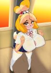 absurd_res animal_crossing anthro bell big_breasts blonde_hair blue_bottomwear blue_clothing blue_skirt blush blush_lines bottomwear bow_(feature) bow_ribbon breasts brown_eyes button_(fastener) canid canine cleavage clothed clothing collar collared_shirt dress_shirt female flushed_face footwear fur green_clothing green_footwear green_shoes hair heptaofspades hi_res high-angle_view huge_breasts isabelle_(animal_crossing) legwear looking_at_viewer mammal miniskirt nintendo pleated_skirt pupils red_bow red_collar school shirt shoes skirt sky socks solo straining_buttons thigh_highs thigh_socks tight_clothing tight_shirt tight_topwear topwear translucent translucent_clothing translucent_shirt translucent_topwear white_clothing white_footwear white_legwear white_pupils white_socks white_thigh_highs white_thigh_socks white_topwear worried worried_look yellow_body yellow_fur
