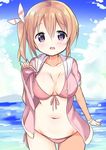  bikini blush breasts brown_hair cloud collarbone cowboy_shot day front-tie_top gochuumon_wa_usagi_desu_ka? hoto_cocoa jacket kurou_(quadruple_zero) large_breasts long_hair looking_at_viewer midriff navel ocean open_clothes open_jacket open_mouth outdoors purple_eyes side_ponytail sketch sky smile solo stomach swimsuit thigh_gap 