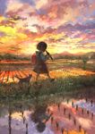  backpack bag cat child cloud commentary_request evening from_side grass holding holding_instrument instrument long_sleeves music original outdoors playing_instrument pon_(cielo) randoseru recorder reflection rice_paddy scenery school_uniform shirt short_hair skirt sky sunset walking water white_shirt wide_shot 