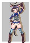  animal_ears arm_up armor armpits black_hair blue_eyes boots cat_ears detached_sleeves dress elin_(tera) gloves hand_on_hip hand_on_own_head highres knee_boots kumehara_chiyota short_dress short_hair smile solo sparkling_eyes striped striped_legwear tail tera_online thighhighs zettai_ryouiki 