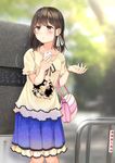  bag bangs blue_skirt blurry blurry_background blush breasts brown_hair cellphone closed_mouth collarbone commentary day eyebrows_visible_through_hair flying_sweatdrops hair_ribbon handbag holding holding_bag holding_phone knees_together_feet_apart long_hair looking_away motion_lines niichi_(komorebi-palette) original outdoors park phone ribbon school_uniform shirt short_sleeves skirt small_breasts smartphone solo space_print standing starry_sky_print translated waiting watch wristwatch yellow_eyes yellow_shirt 