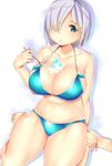  aqua_bikini barefoot bikini blue_bikini blue_eyes breasts buta_tamako collarbone hair_over_one_eye hairband hamakaze_(kantai_collection) highres holding holding_spoon kantai_collection large_breasts shaved_ice short_hair silhouette silver_hair solo spoon swimsuit toes white_background 