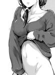  artist_request breasts cleavage clothes_lift greyscale halftone large_breasts long_hair monochrome naked_sweater navel no_panties original out-of-frame_censoring scrunchie solo sweater sweater_lift 