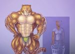  2012 abs anthro areola bulge clothed clothing eyes_closed feline female herc_the_liger hybrid hyper hyper_muscles laundry liger lion mainlion male mammal markings muscular muscular_male nanette_the_liger nipples open_mouth partially_clothed pecs simple_background smile speedo surprise swimsuit thick_thighs tiger watch 