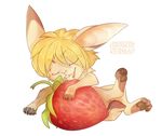  4_toes blonde_hair brown_fur brown_pawpads eyes_closed food fruit fur hair lagomorph mammal pawpads pink_nose rabbit rikitoka simple_background smile solo strawberry toes white_background 