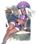  alternate_color alternate_skin_color arm_support belt brown_eyes commentary_request crop_top dark_skin gloves hat jiyu2 leaning_to_the_side long_hair midriff navel outstretched_arm purple_shirt purple_shorts rockman rockman_dash roll_caskett shirt short_shorts shorts silver_trim sitting smile solo w white_hair 