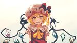  arms_behind_back ascot blonde_hair dise flandre_scarlet hat hat_ribbon highres laevatein looking_at_viewer mob_cap orange_eyes puffy_short_sleeves puffy_sleeves red_ribbon ribbon short_sleeves simple_background smile solo touhou upper_body vest wings 