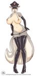  anthro big_breasts big_tail blue_eyes boots breasts chain clothing esmeralda female footwear fur gloves grey_fur hair hat huge_breasts lips mammal nipples piercing short_hair skunk solo striped_tail stripes white_fur white_hair zaftigbunnypress 