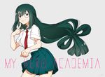  :&gt; arms_behind_back asui_tsuyu bad_id bad_pixiv_id bangs big_hair black_eyes boku_no_hero_academia breasts closed_mouth collared_shirt copyright_name cowboy_shot dot_nose eyelashes finger_to_mouth frog_girl from_side green_hair green_skirt grey_background hands index_finger_raised large_breasts long_hair looking_to_the_side looking_up low-tied_long_hair miniskirt necktie parted_bangs pleated_skirt red_neckwear school_uniform shiny shiny_hair shirt short_sleeves signature simple_background sino42 skirt standing very_long_hair white_shirt wing_collar 