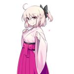  absurdres breasts chan_co fate_(series) grey_eyes half_updo highres japanese_clothes kimono koha-ace looking_at_viewer medium_breasts okita_souji_(fate) okita_souji_(fate)_(all) pink_hair ponytail simple_background smile solo white_background 