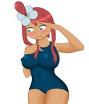  1girl bangs blue blush breasts cleavage collarbone dark_skin eyes fuuro_(pokemon) gym_leader hair_bun hair_ornament hairclip large_breasts legs long_hair navel one_piece_swimsuit pokemon pokemon_(anime) pokemon_(game) pokemon_bw pokemon_bw2 red_hair salute solo standing stomach swept_bangs swimsuit tan wide_hips 