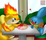  &lt;3 blush dessert fire food ice_cream mudkip nintendo pok&eacute;mon siting spoon table video_games vitrex 