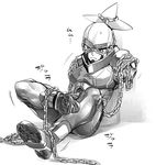  against_wall arms_(game) chain domino_mask goggles greyscale long_arms male_focus mask monochrome ninjara_(arms) ponytail scarf shoes simple_background sitting sneakers solo spandex suno_(imydream) white_background 