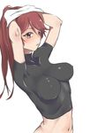  1girl arms_up blush breasts erect_nipples hai_to_gensou_no_grimgar helk impossible_clothes impossible_shirt long_hair looking_at_viewer navel nipples open_mouth red_eyes red_hair simple_background skin_tight solo tight white_background yume_(grimgar) 