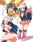  1girl :d alternate_breast_size ass bare_legs beanie blue_eyes blush breasts cleavage corruption female full_body glowing glowing_eyes half-closed_eyes hat highres hikari_(pokemon) huge_ass hypno hypnosis konno_tohiro large_breasts long_hair looking_at_viewer looking_back mind_control naughty_face nintendo nipples no_bra open_mouth panties pink_scarf pink_skirt poke_ball pokemon pokemon_(creature) pokemon_(game) pokemon_dppt scarf shiny_skin sideboob simple_background skirt skirt_lift smile solo standing sweat thighs tongue tongue_out underwear v white_background white_panties 