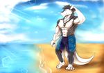  abs anthro armpits biceps big_muscles black_fur blue_eyes claws clothed clothing discordnight fur hi_res looking_at_viewer male muscular outside pants pecs rabbitdx26 sergal solo toe_claws topless white_fur 