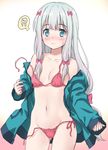  1girl bangs bikini blue_eyes blush bow breasts closed_mouth collarbone commentary_request cowboy_shot eromanga_sensei eyebrows_visible_through_hair hair_bow hand_up hips izumi_sagiri jacket kuroda_akimi long_hair looking_at_viewer navel open_clothes open_jacket pink_bikini pink_bow side-tie_bikini silver_hair small_breasts solo spoken_interrobang sweat swimsuit tareme thighs untied untied_bikini wardrobe_malfunction 