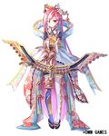  absurdly_long_hair bow_(weapon) commentary copyright_name floral_print full_body hair_ornament jurakudai_(oshiro_project) long_hair lowres official_art oshiro_project oshiro_project_re pink_hair sho_(runatic_moon) solo very_long_hair weapon white_background 