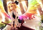  alternate_costume alternate_weapon alternate_wings bare_shoulders blonde_hair blurry day depth_of_field detached_sleeves dress dutch_angle feathered_wings flandre_scarlet hat hat_ribbon highres lens_flare looking_at_viewer mob_cap multicolored multicolored_wings rainbow_order red_eyes ribbon short_hair side_ponytail sinkai smile solo sunlight sword touhou tree weapon white_dress wings 