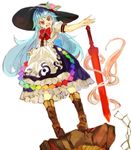  :d apron blue_hair blue_skirt boots bow bowtie brown_footwear commentary_request evil_eyes evil_smile floating food frilled_apron frilled_shirt frilled_skirt frills fruit full_body hand_on_hip hat hinanawi_tenshi keystone konabetate leaf long_hair looking_at_viewer open_mouth outstretched_arm peach puffy_short_sleeves puffy_sleeves rainbow_order red_bow red_eyes shirt short_sleeves simple_background skirt smile solo standing sword sword_of_hisou touhou v-shaped_eyebrows weapon white_background white_shirt 