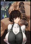  1girl bad_id bad_pixiv_id bangs bar_censor black_hair blunt_bangs blush breasts censored clenched_teeth clothed_female_nude_male covered_nipples fat fat_man hairband hand_on_another's_head hetero highres huge_breasts kunaboto large_penis lips male_pubic_hair niijima_makoto nude penis persona persona_5 phone_screen pole_dancing pubic_hair red_eyes short_hair sweat teeth testicles viewfinder 