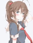  alternate_hairstyle black_serafuku blue_eyes blush brown_hair commentary_request hair_over_shoulder hiro_(hirohiro31) kantai_collection long_hair looking_at_viewer ponytail profile remodel_(kantai_collection) school_uniform serafuku shigure_(kantai_collection) simple_background solo 