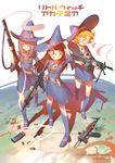  absurdres ar-15 black_soldier blue_eyes boots brown_hair commentary_request dress eotech fn_minimi glasses gun hair_over_one_eye hairband hat highres kagari_atsuko knee_boots laser_sight little_witch_academia long_hair lotte_jansson magazine_(weapon) multiple_girls orange_hair pink_hair purple_hair red_eyes rifle shell_casing short_hair skirt smile smoke smoking_gun sucy_manbavaran suppressor weapon weapon_request witch witch_hat 