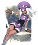  alternate_color alternate_skin_color arm_support belt bike_shorts bike_shorts_under_shorts bodysuit commentary_request crop_top dark_skin gloves hat jiyu2 leaning_to_the_side long_hair midriff outstretched_arm purple_shirt purple_shorts red_eyes rockman rockman_dash roll_caskett shirt short_shorts shorts shorts_under_shorts silver_trim sitting smile solo w white_hair 